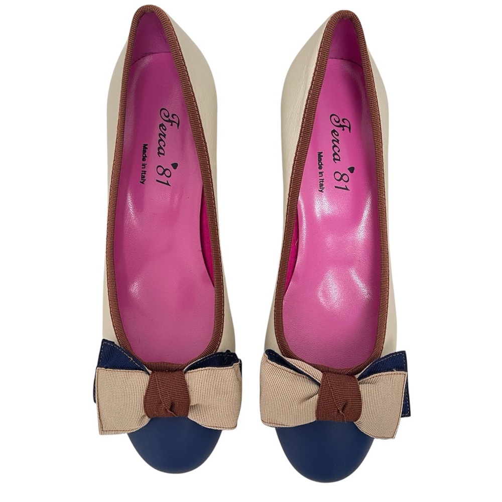 Ferca 81 Bow Two Toned Cream Blue Kitten Heel Shoe Size 39 - Picture 2 of 11